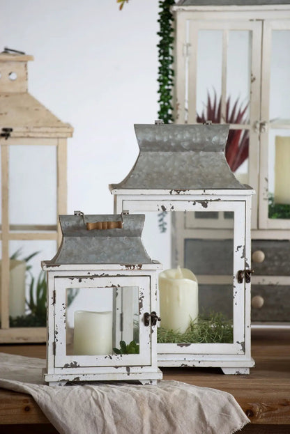 Wooden candle lanterns, distressed white with galvanized metal tops, set of 3 decor on Tampa Home & Garden Store