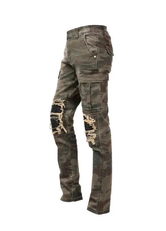 Camouflage cargo jeans by FLIPSTYLEZLLC with ripped knees and washed olive camo on Tampa Home & Garden Store