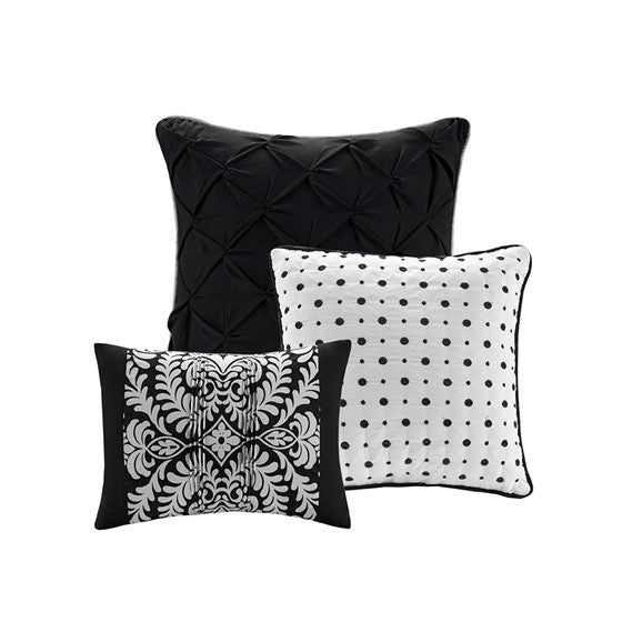 HouseOfZazla 7 Piece Cotton Printed Comforter Set cushions: black quilted, white with dots on Tampa Home & Garden Store
