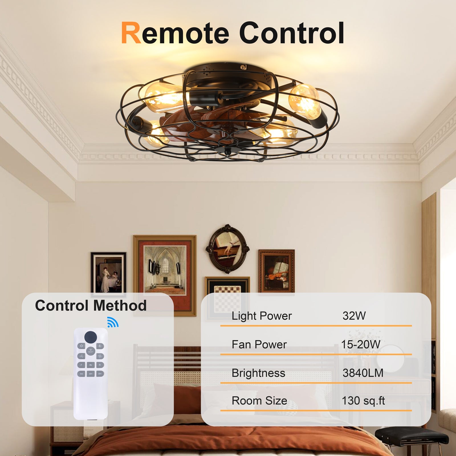19.7in Industrial Caged Ceiling Fan with Light by HouseOfZazla black metal cage Edison bulbs on Tampa Home & Garden Store