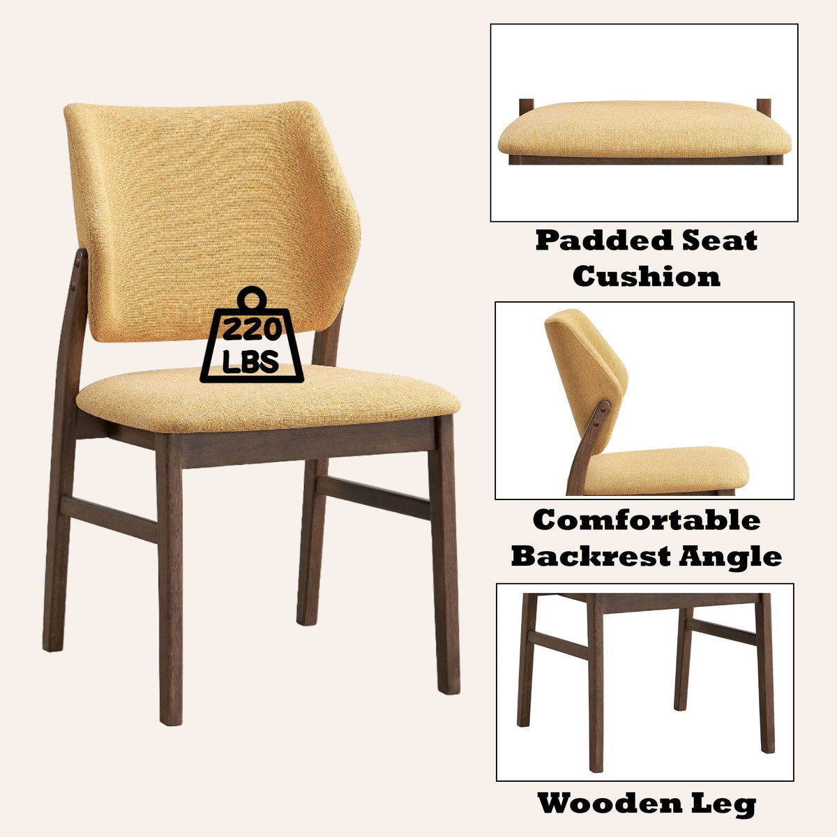 Padded Seat Side Chair Set of 2 in yellow modern fabric with dark wood legs on Tampa Home & Garden Store
