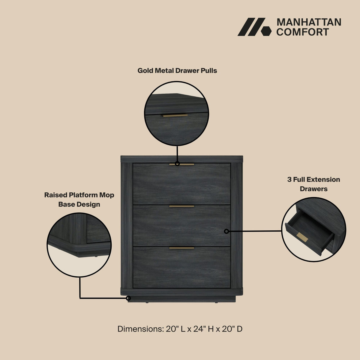 Nightstand with 3 drawers in dark charcoal wood, gold pulls by HouseOfZazla on Tampa Home & Garden Store