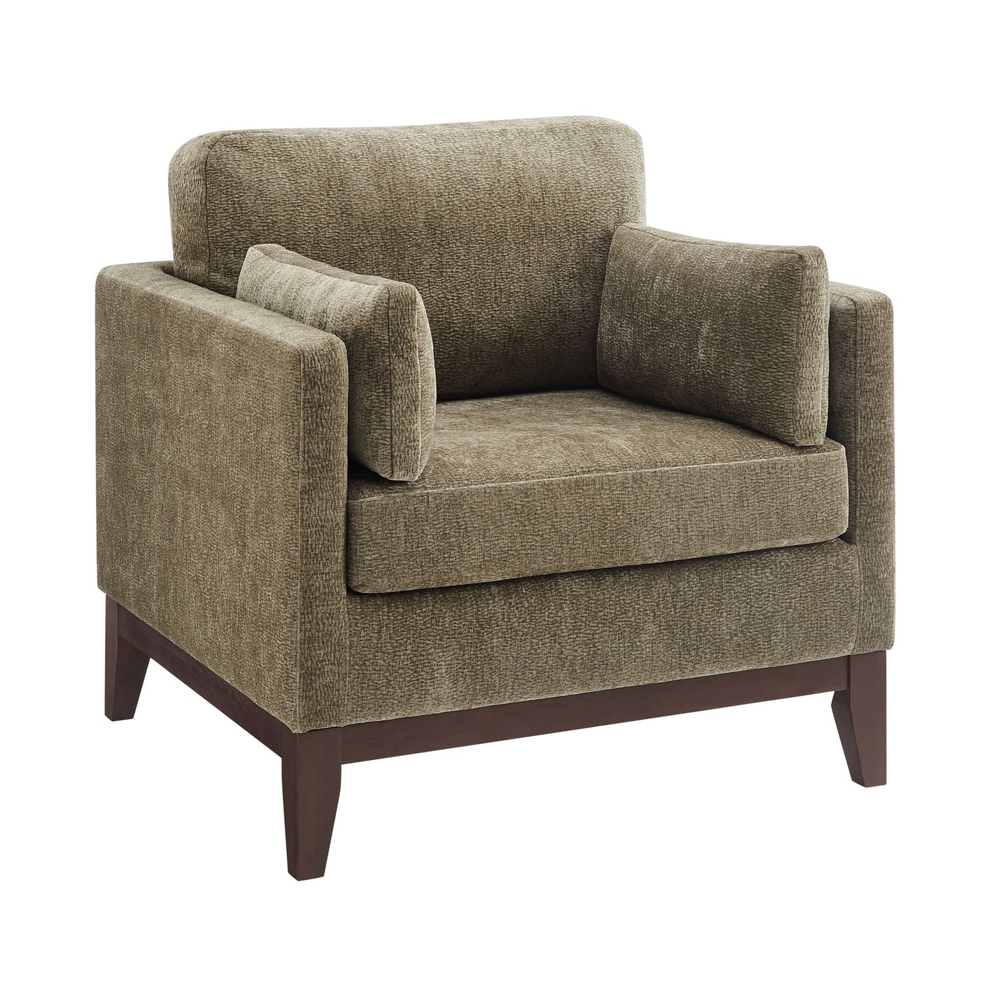 Chios Arm Chair in taupe textured fabric with squared arms and wooden base on Tampa Home & Garden Store