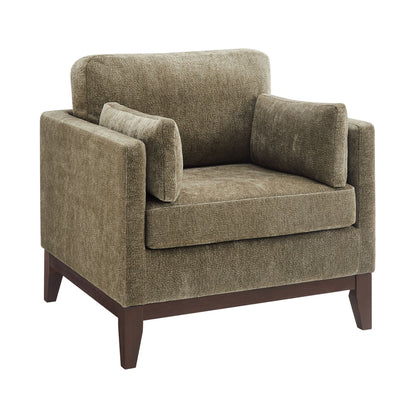 Chios Arm Chair in taupe textured fabric with squared arms and wooden base on Tampa Home & Garden Store