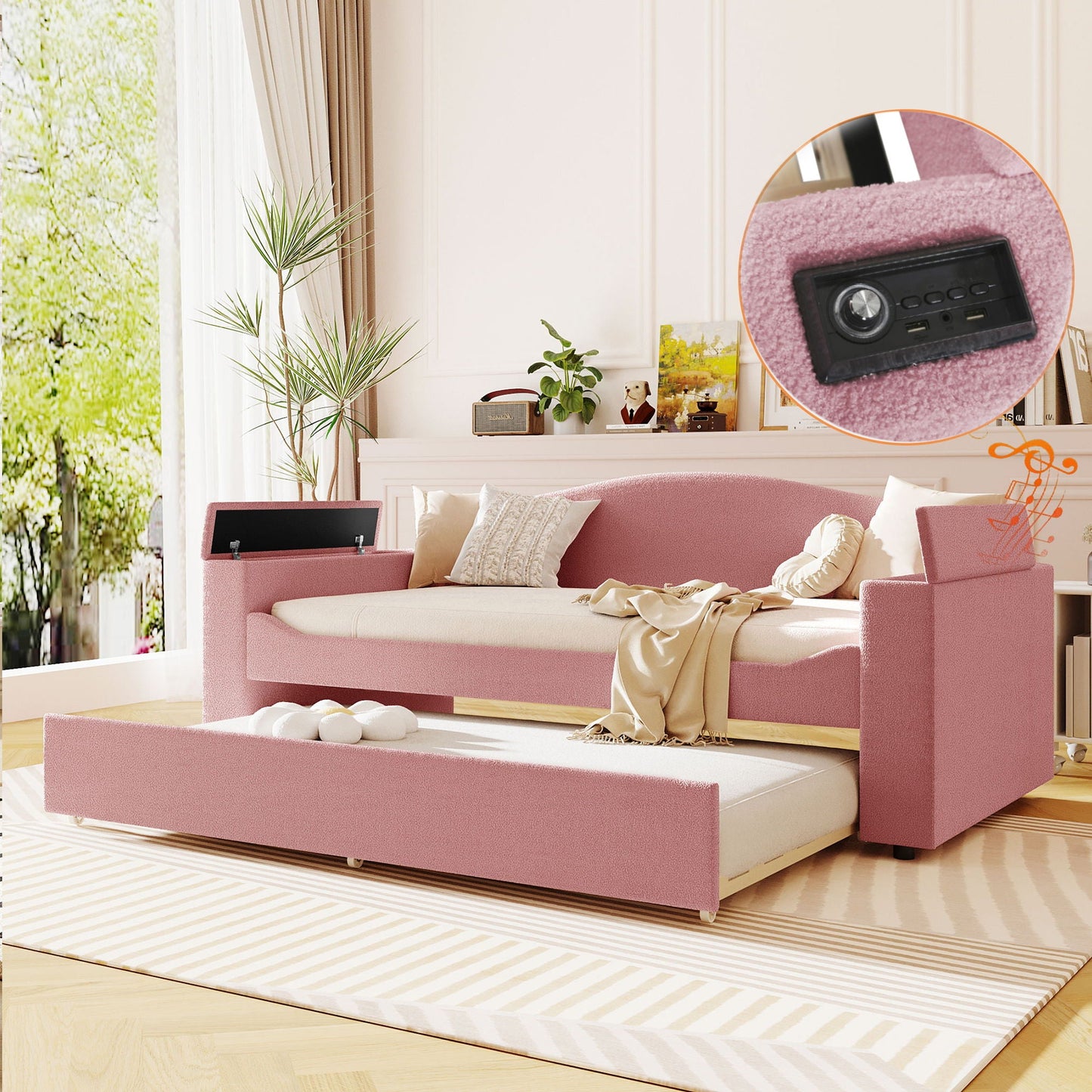 HouseOfZazla pink upholstered daybed with storage armrests and built-in audio, trundle on Tampa Home & Garden Store