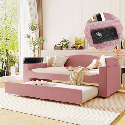 HouseOfZazla pink upholstered daybed with storage armrests and built-in audio, trundle on Tampa Home & Garden Store