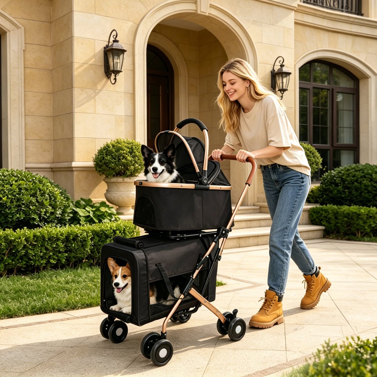 Double Pet Stroller for Small and Medium Dogs and Cats, black with rose-gold frame on Tampa Home & Garden Store