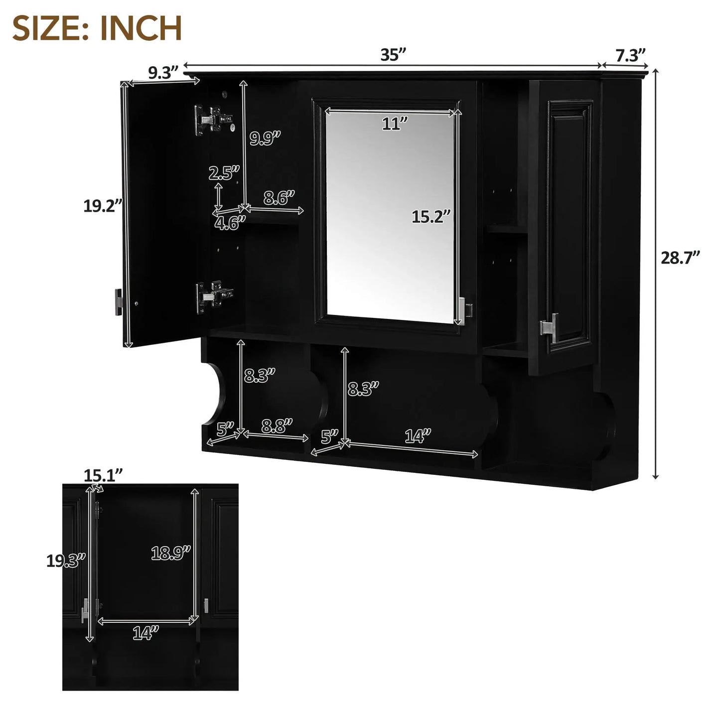Wall Mounted Medicine Cabinet With Mirror & Open Shelves, black; left door open, 11-inch mirror on Tampa Home & Garden Store