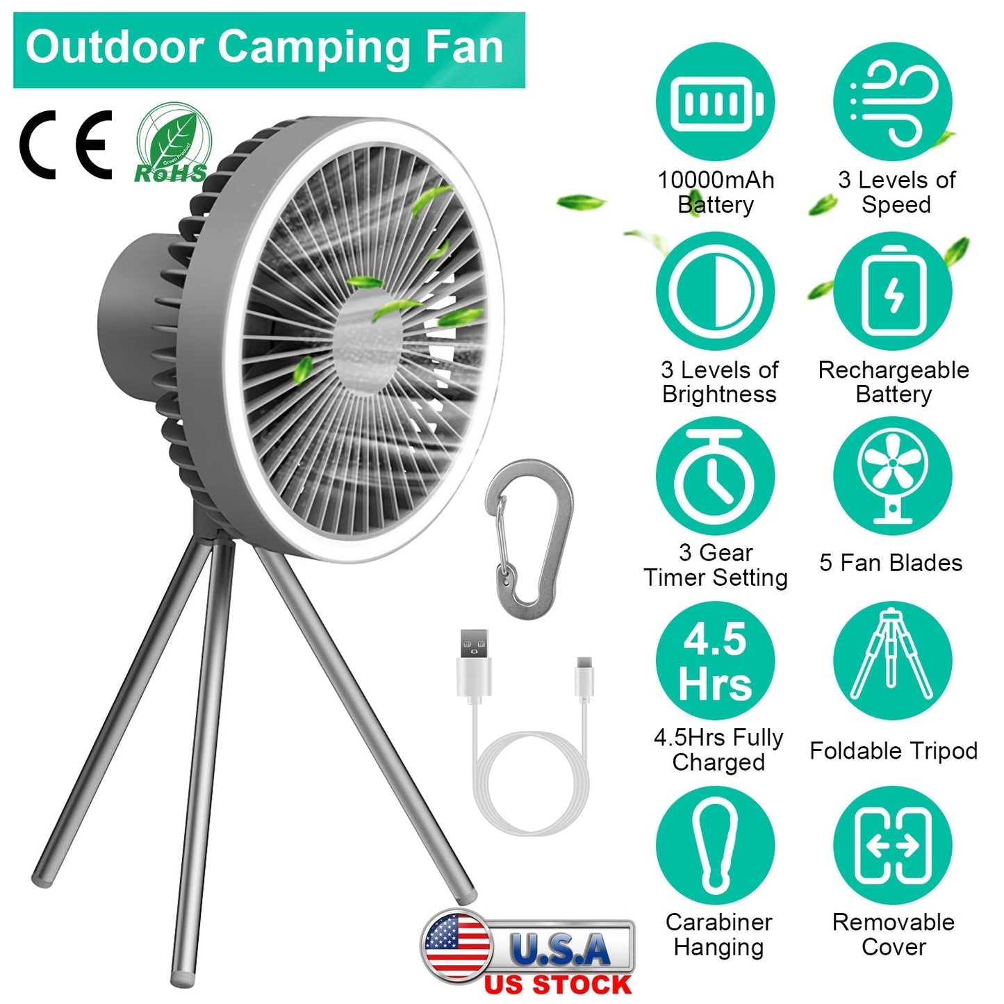 GemGear Camping Fan with Lantern on foldable tripod 10000mAh rechargeable battery on Tampa Home & Garden Store
