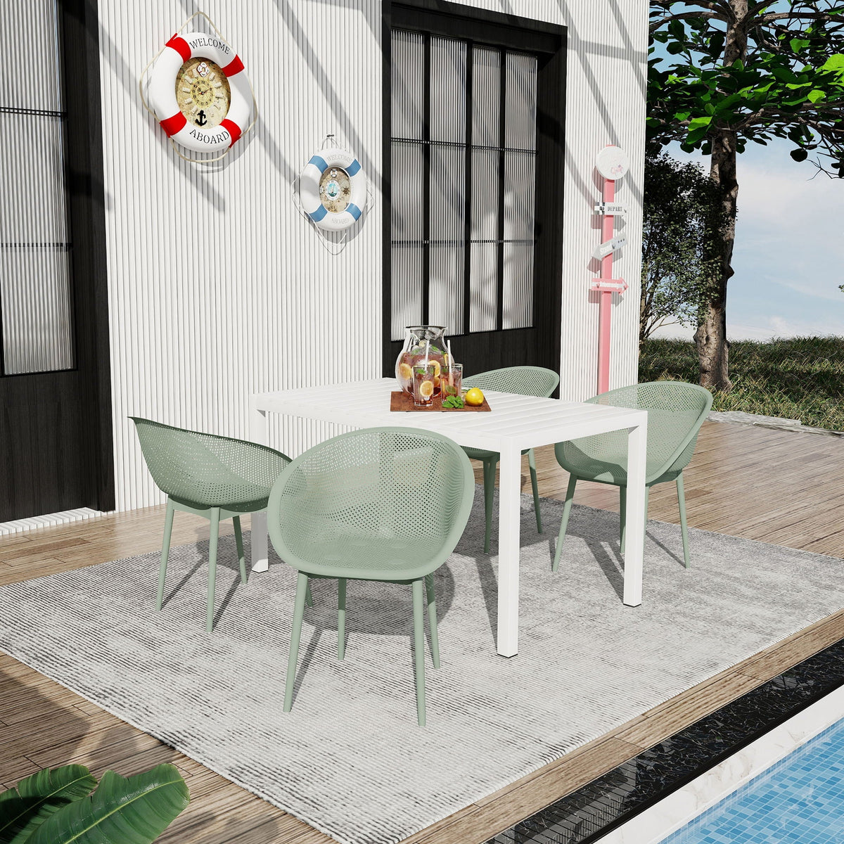 5 Piece Outdoor Lounge Chair Set with Long Table white table mint green chairs by HouseOfZazla on Tampa Home & Garden Store