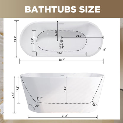 Glossy freestanding bathtub by HouseOfZazla with toe-tap drain and side views on Tampa Home & Garden Store