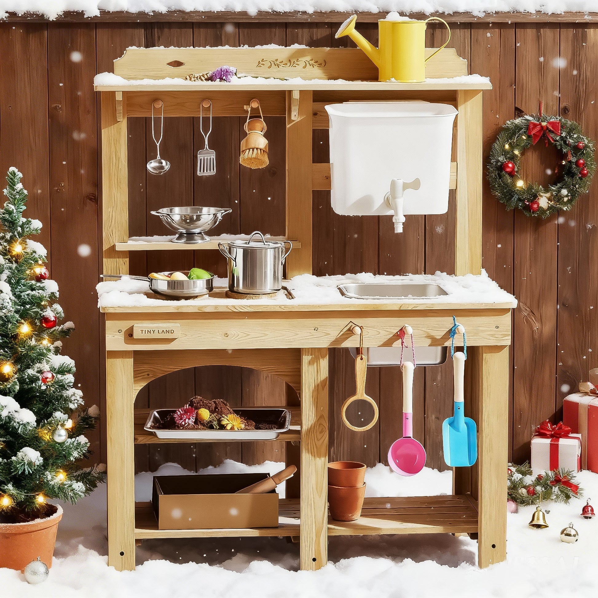 Tiny Land Mud Kitchen DuoPlay outdoor play kitchen in wood frame with yellow watering can on Tampa Home & Garden Store