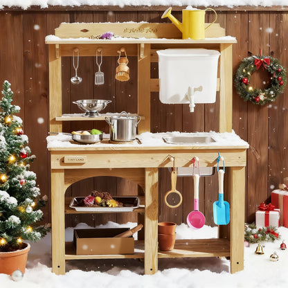 Tiny Land Mud Kitchen DuoPlay outdoor play kitchen in wood frame with yellow watering can on Tampa Home & Garden Store