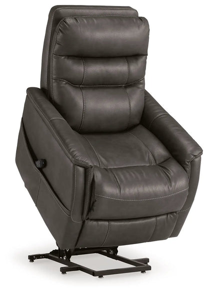 Strawbill Power Lift Recliner, brown leather lift chair with padded arms and metal base on Tampa Home & Garden Store