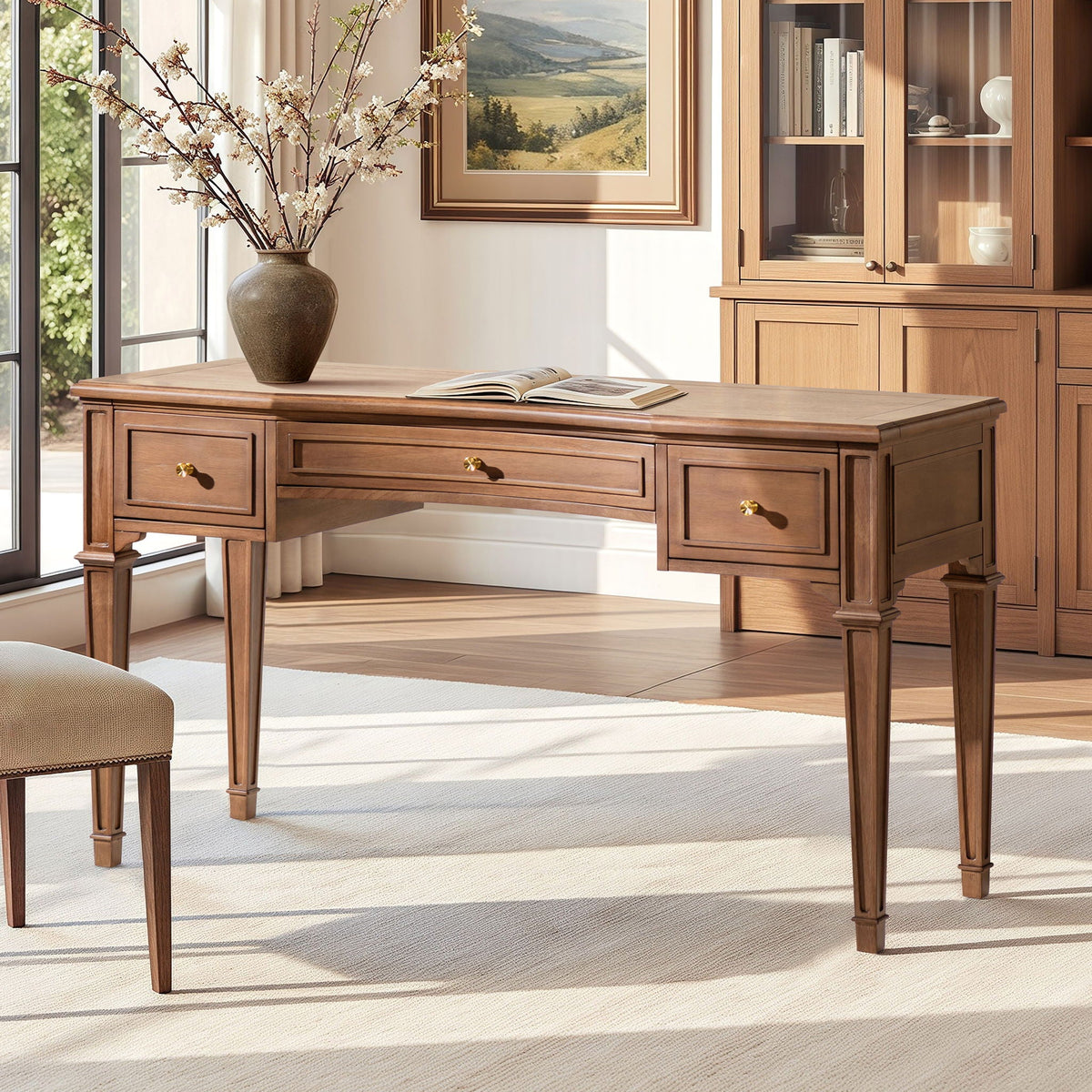 Brown executive desk with satin-gold hardware and 3 drawers on Tampa Home & Garden Store