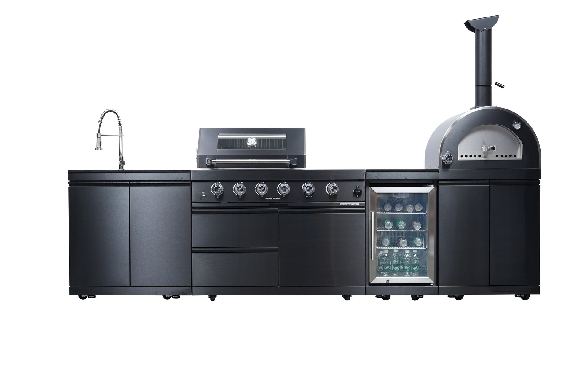 Black 125-inch double stainless gas outdoor kitchen grill with sink, fridge, and pizza oven on Tampa Home & Garden Store