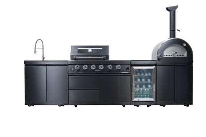 Black 125-inch double stainless gas outdoor kitchen grill with sink, fridge, and pizza oven on Tampa Home & Garden Store