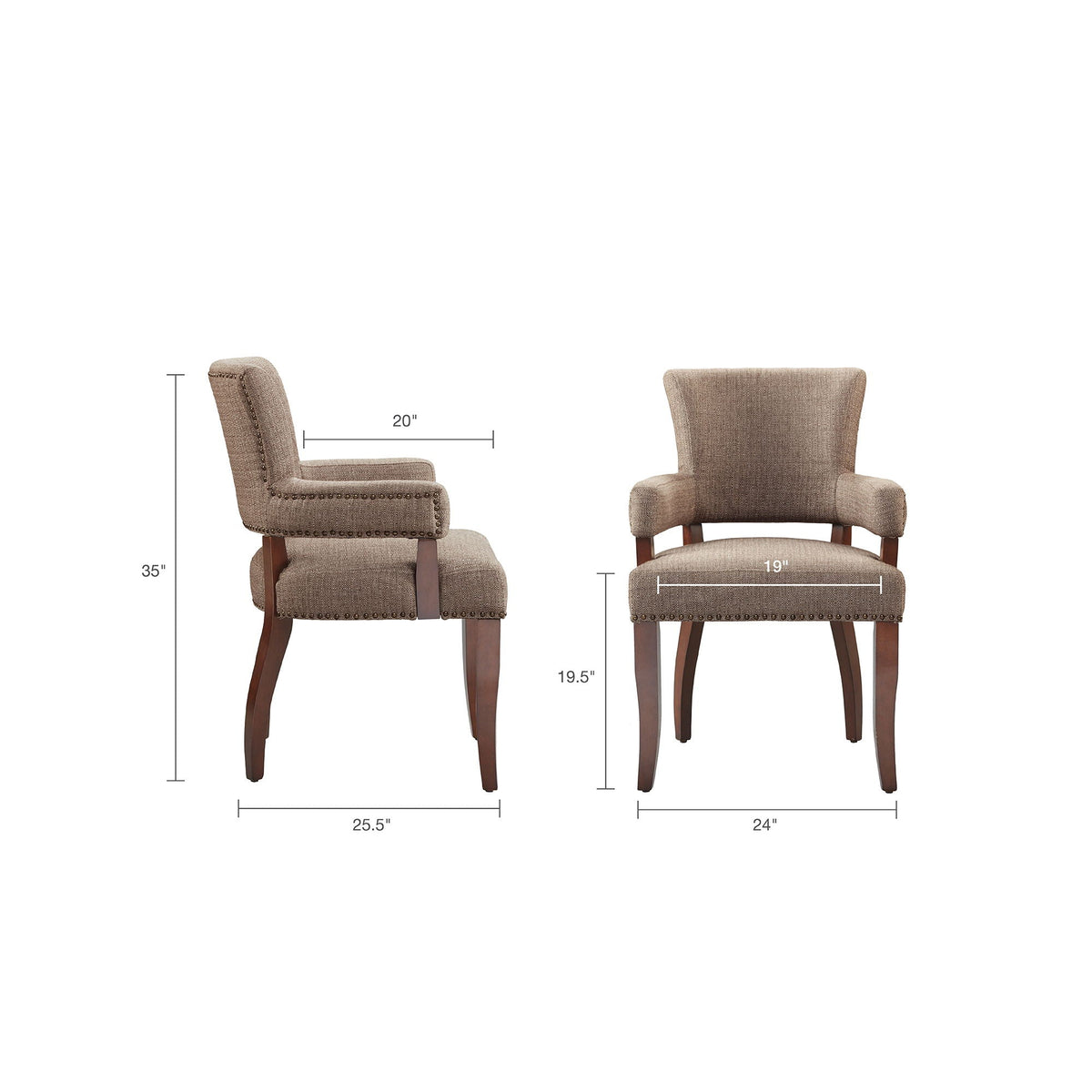Elegant pair of arm dining chairs with brass nail-head detailing in gray/brown upholstery on Tampa Home & Garden Store