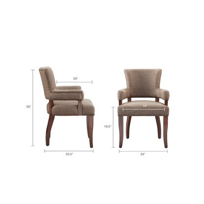 Elegant pair of arm dining chairs with brass nail-head detailing in gray/brown upholstery on Tampa Home & Garden Store