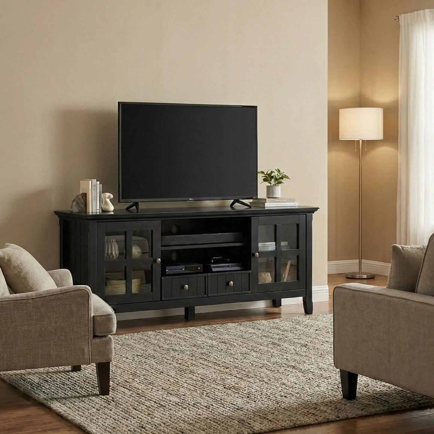 Acadian Media Stand with Glass Doors and Drawers