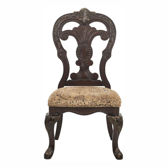 Elegant cherry wood side chair with ornate carved back and beige upholstered seat on Tampa Home & Garden Store
