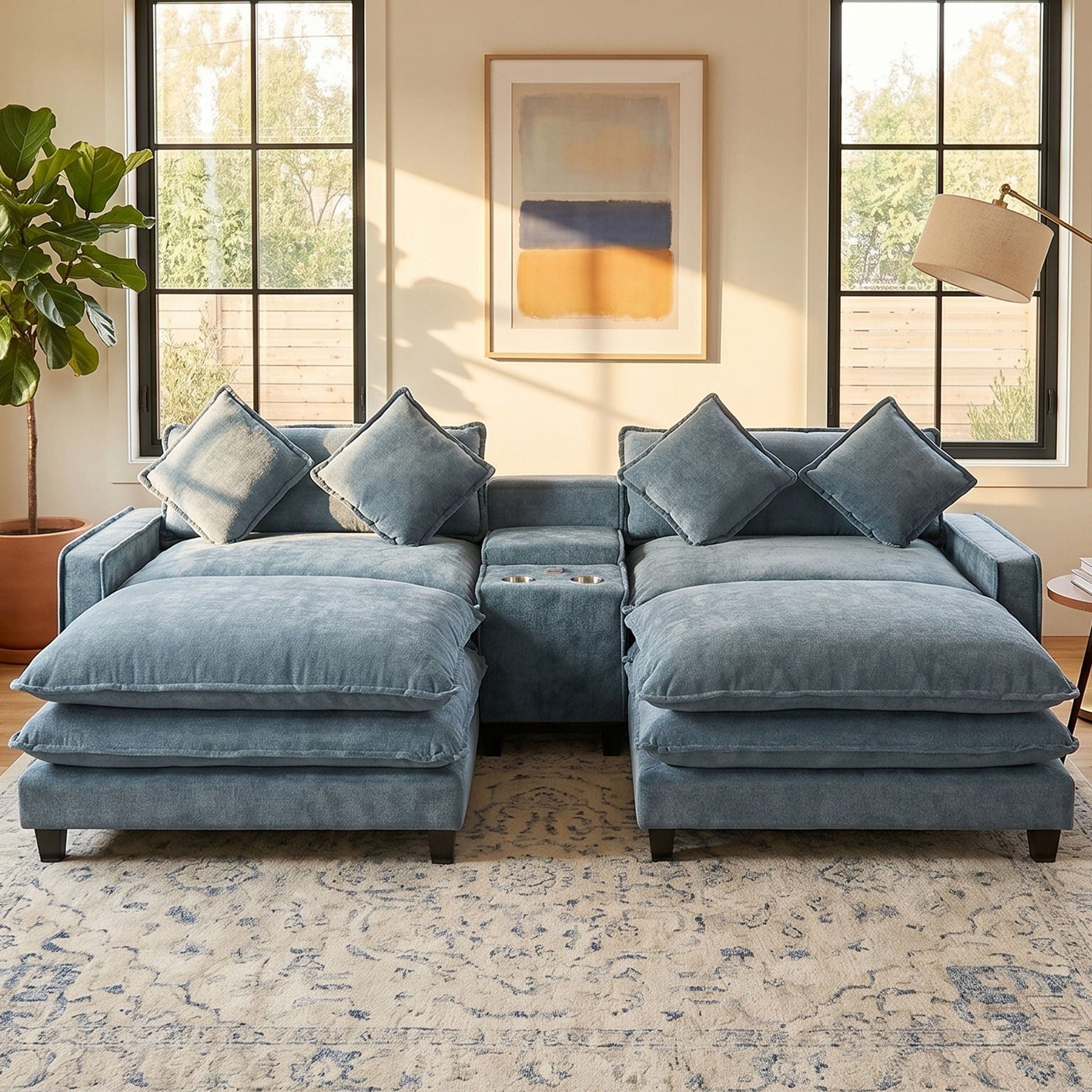Modern blue fabric sectional sofa with removable ottomans and USB ports HouseOfZazla 3-piece on Tampa Home & Garden Store