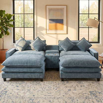 Modern blue fabric sectional sofa with removable ottomans and USB ports HouseOfZazla 3-piece on Tampa Home & Garden Store