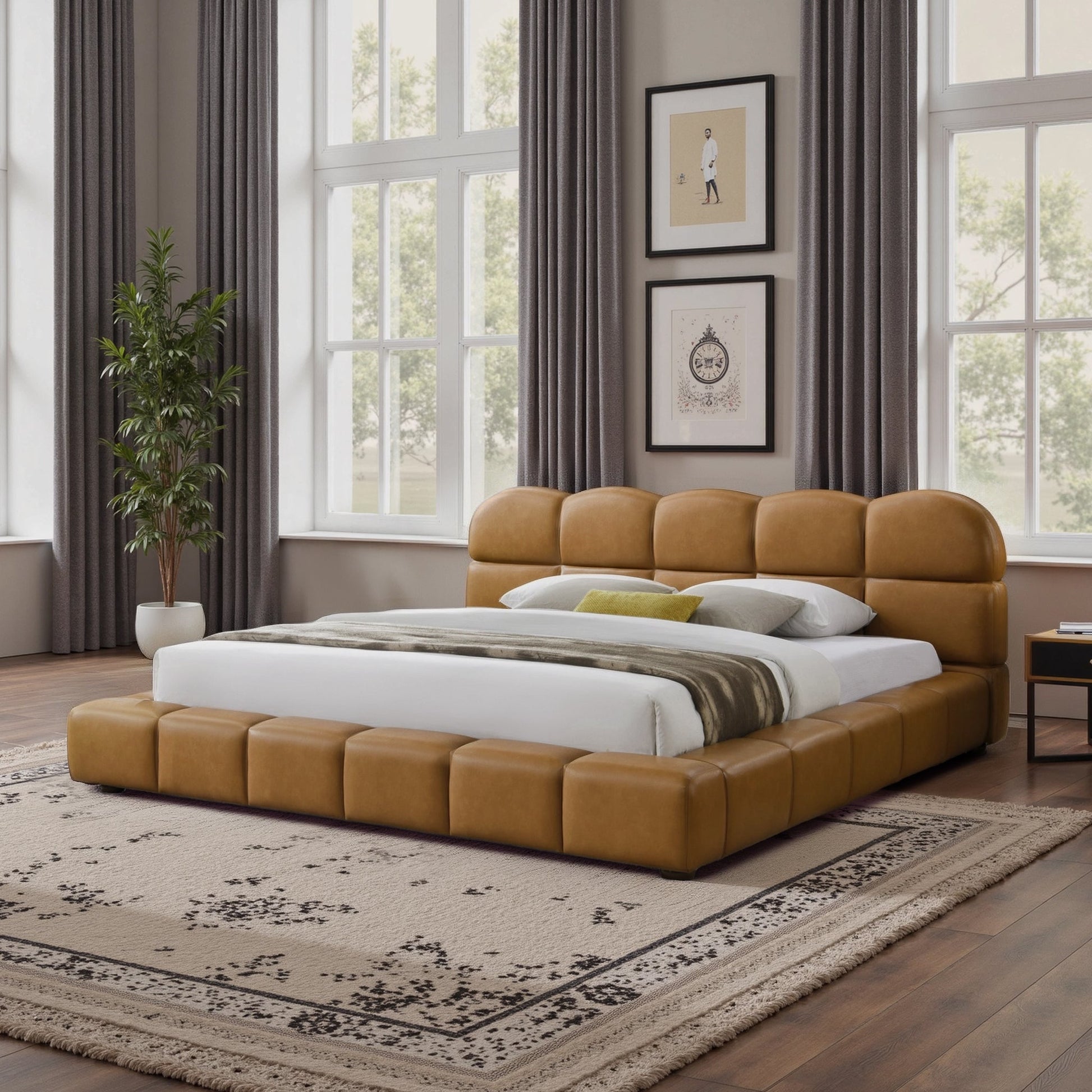 Roswell King Size Platform Bed by HouseOfZazla in tan leather upholstery modern bedroom on Tampa Home & Garden Store