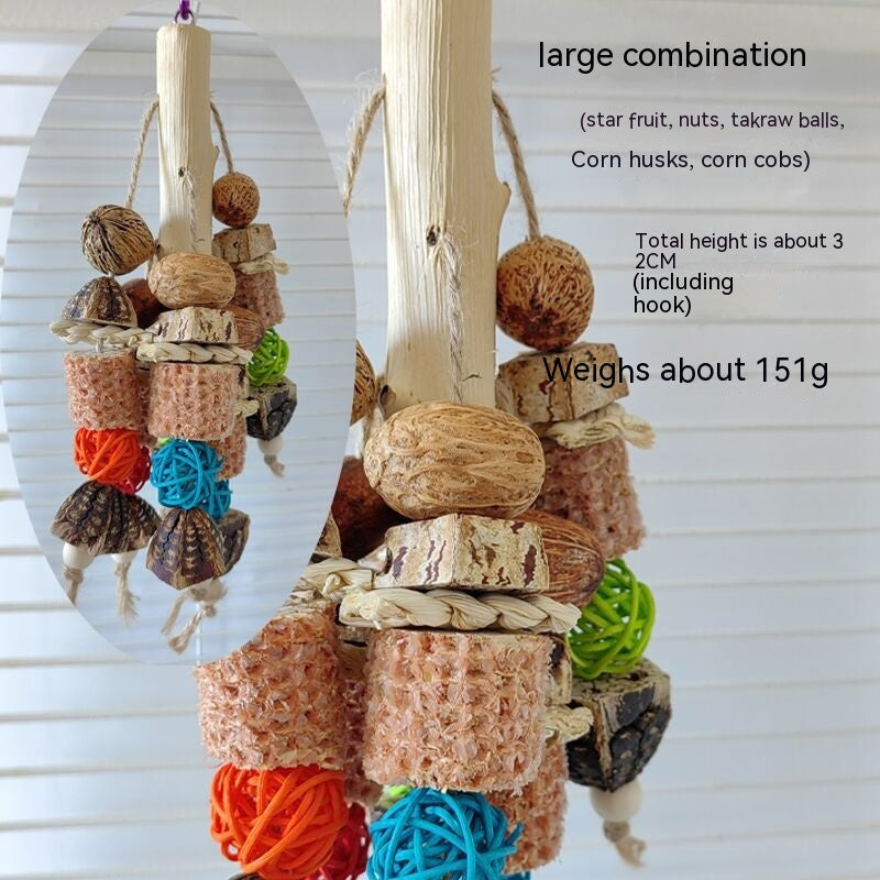 Parrot chew toy stand with natural rope, wood blocks, corn husks and bright string balls on Tampa Home & Garden Store