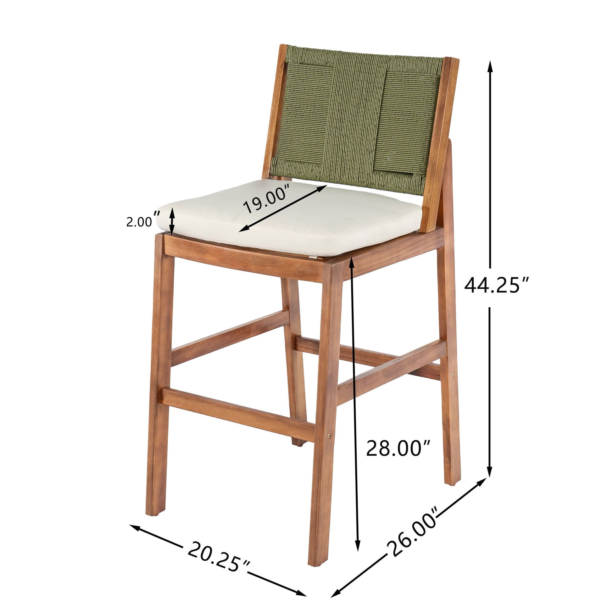 Outdoor Acacia Wood Bar Stools (Set of 2) with woven back and white cushion by HouseOfZazla on Tampa Home & Garden Store