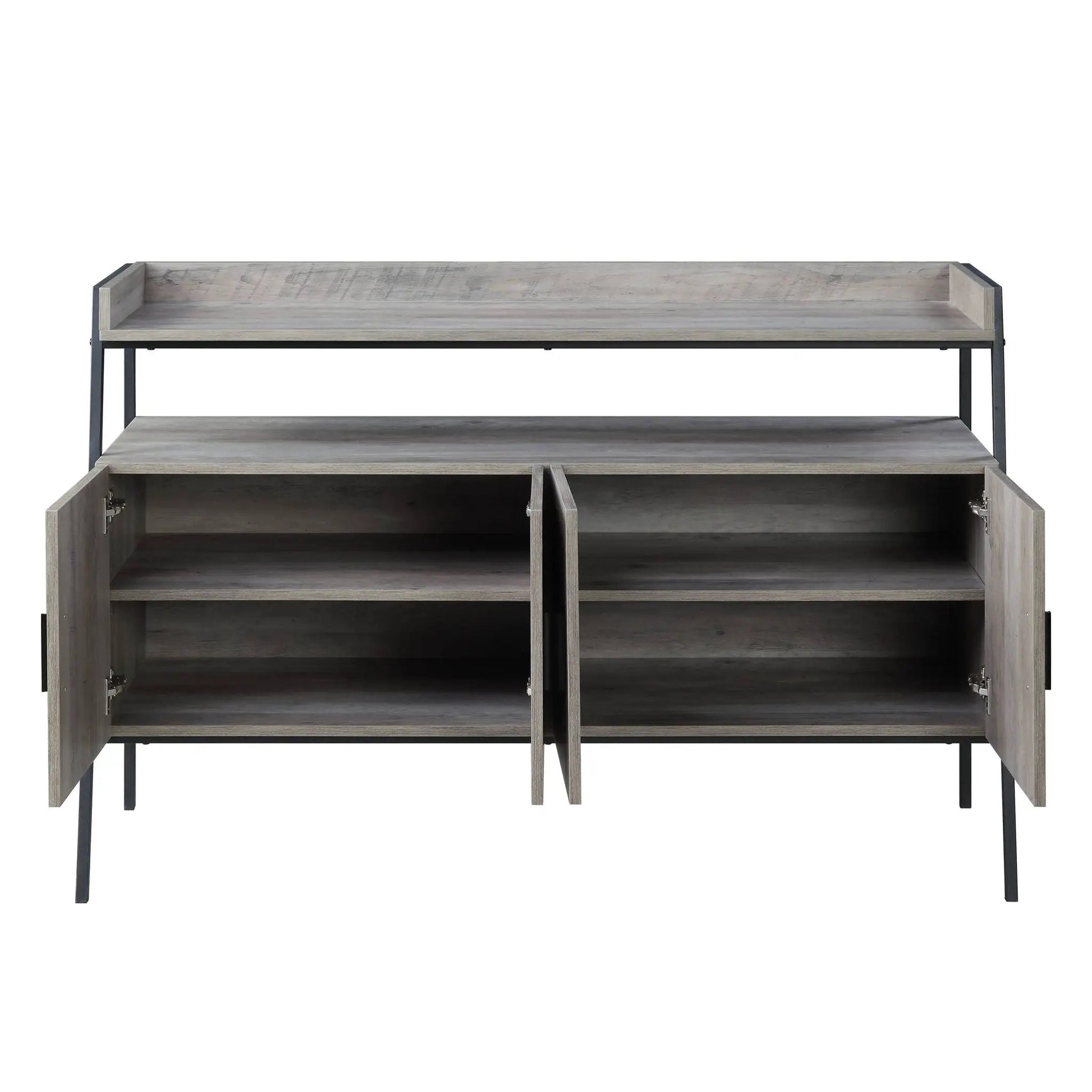 Gray Samiya TV Stand by Unique Piece Furniture, metal frame, open and cabinet storage on Tampa Home & Garden Store