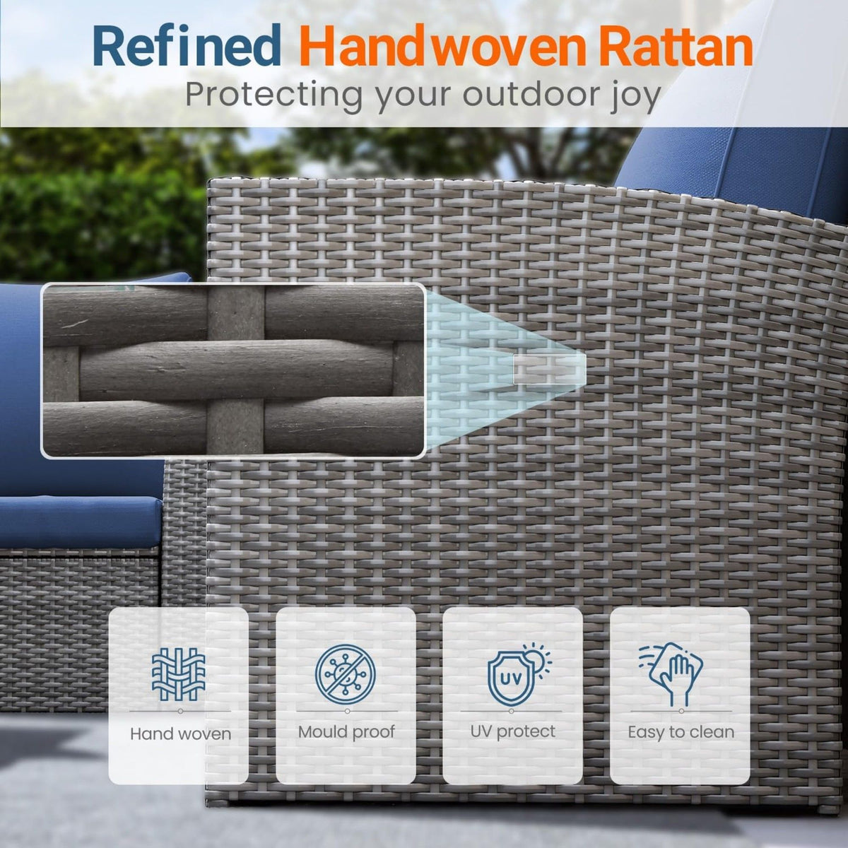 Modern Patio Set with Cushions 4-piece handwoven rattan outdoor furniture with blue cushions on Tampa Home & Garden Store