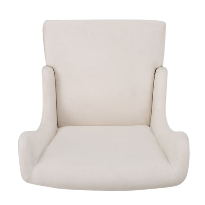 Upholstered dining chair beige fabric with high back and curved arms on Tampa Home and Garden Store