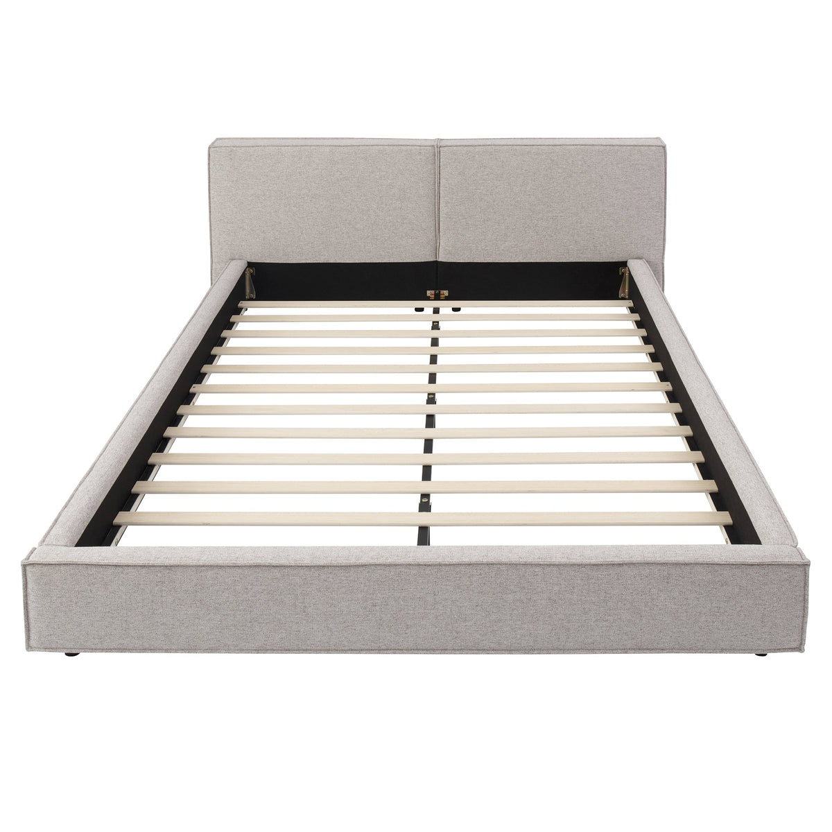 Modern queen size upholstered platform bed frame in light gray fabric with wooden slat bed base on Tampa Home & Garden Store