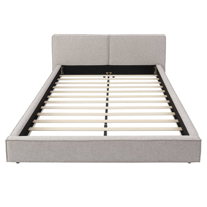 Modern queen size upholstered platform bed frame in light gray fabric with wooden slat bed base on Tampa Home & Garden Store