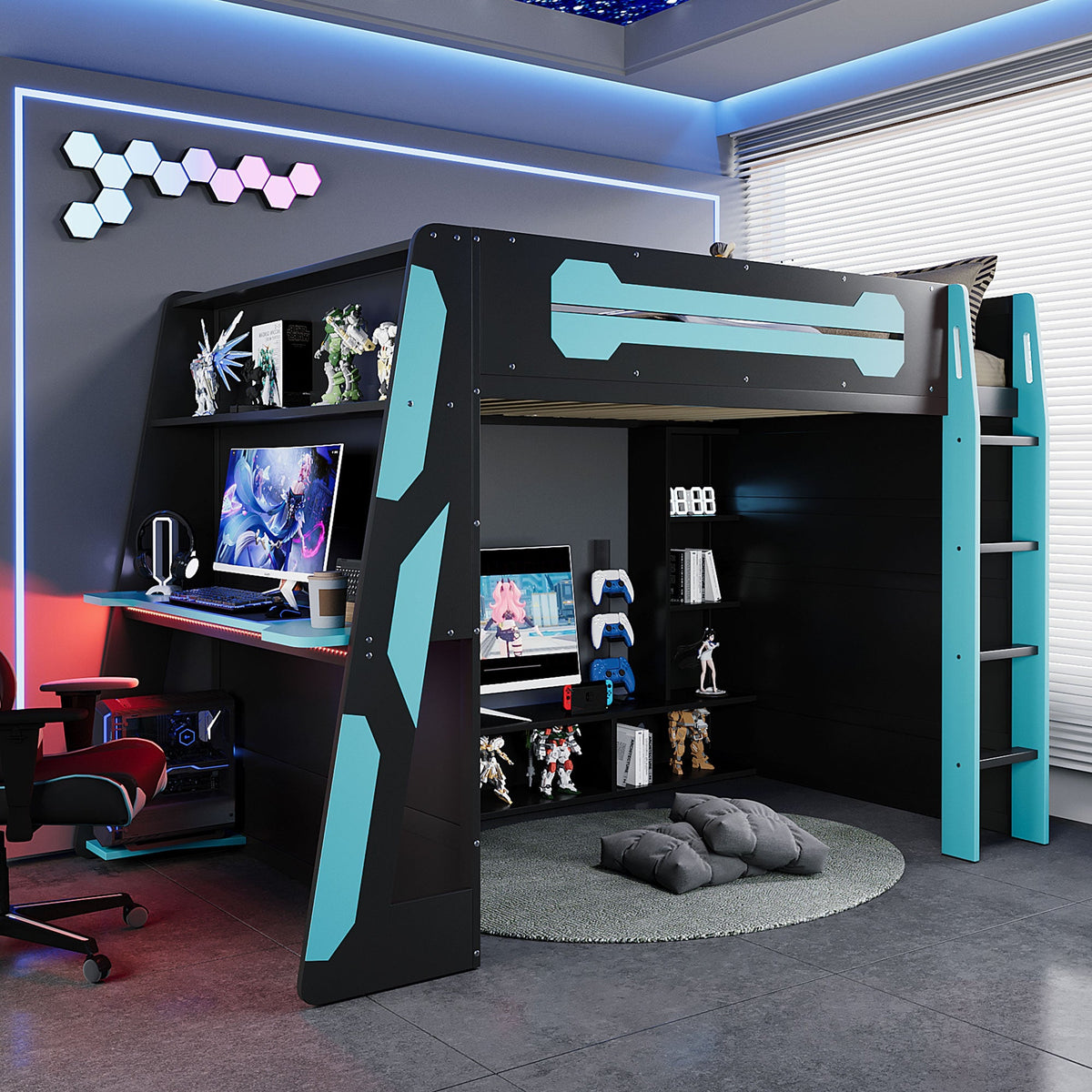Full size wood loft bed with desk and RGB light in black with teal Cloud by HouseOfZazla on Tampa Home & Garden Store
