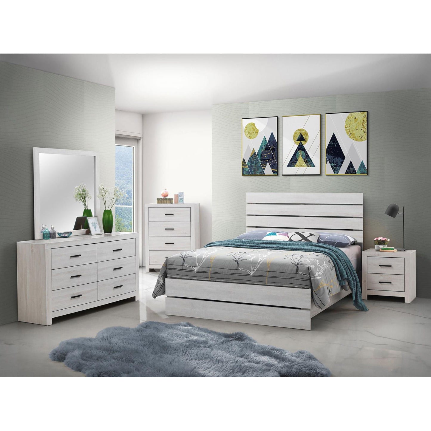 Slatted Headboard Panel Bed by HouseOfZazla in light wood finish with matching dressers on Tampa Home & Garden Store