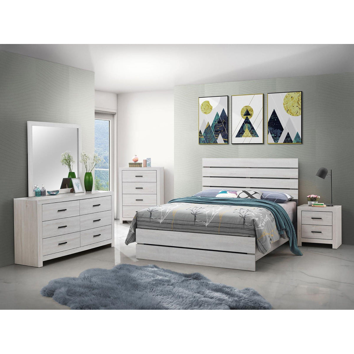 Slatted Headboard Panel Bed by HouseOfZazla in light wood finish with matching dressers on Tampa Home & Garden Store