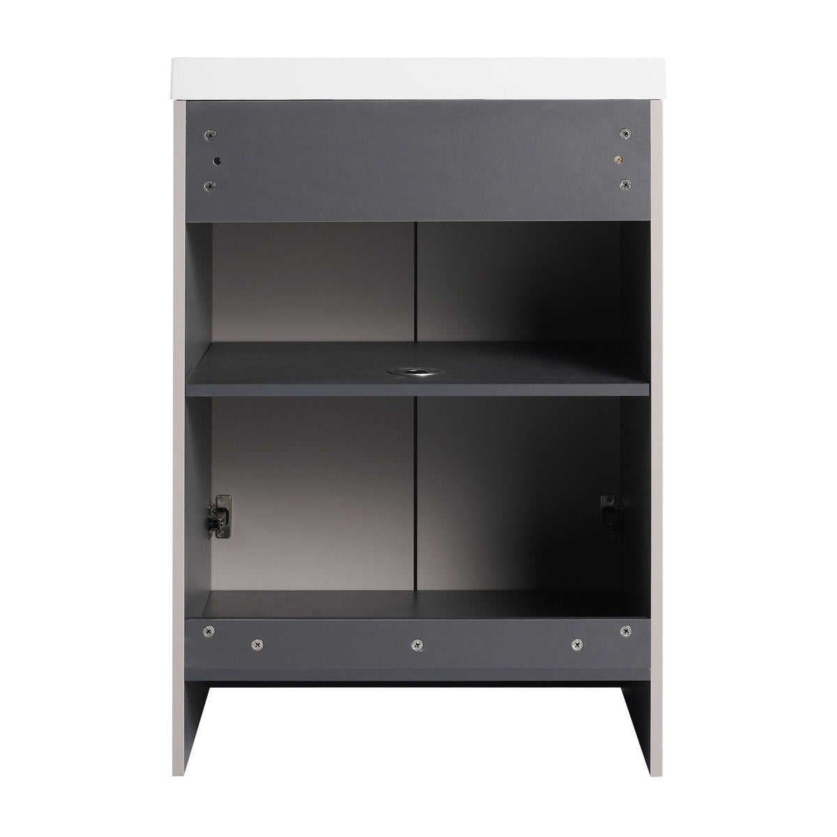 Freestanding bath vanity cabinet with white top and gray interior, open lower shelf on Tampa Home & Garden Store