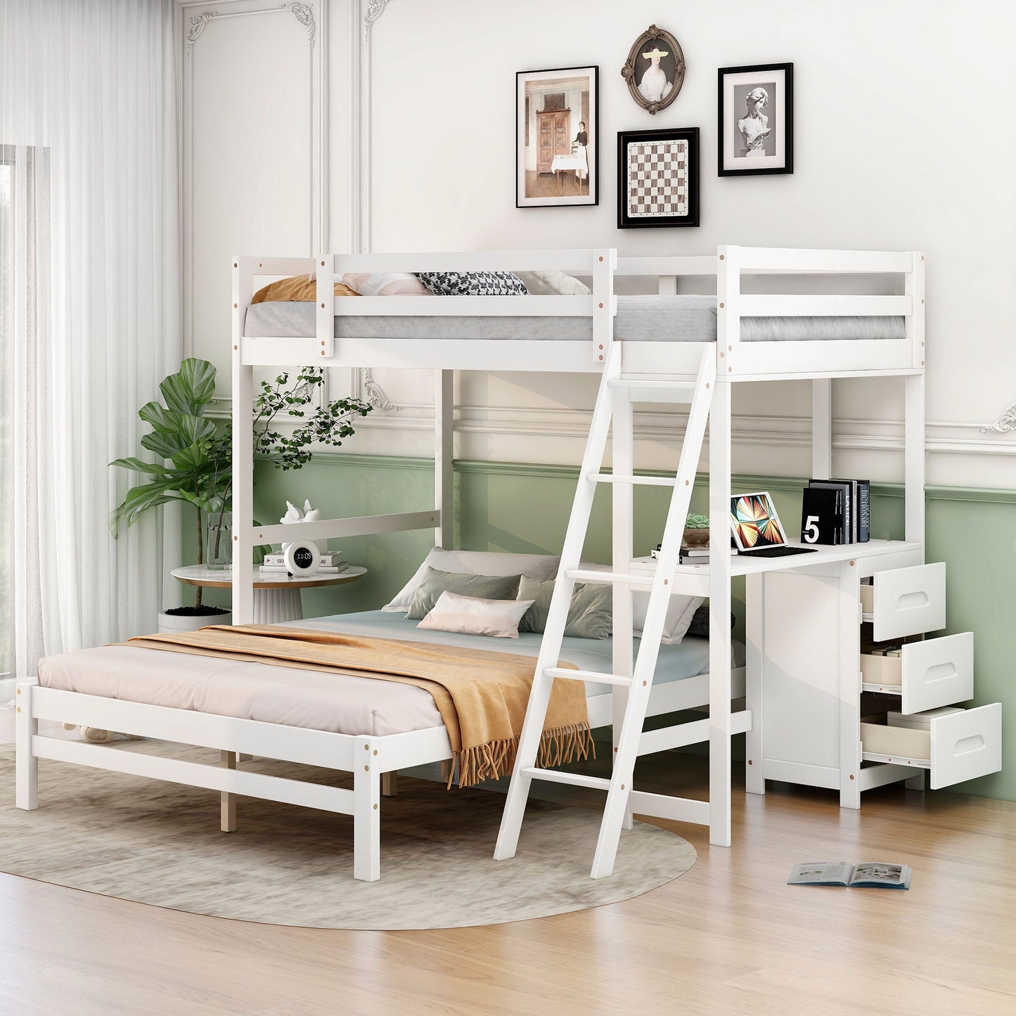 Bunk bed with built-in desk and 3 drawers, white wood frame, HouseOfZazla bunk beds, ladder on Tampa Home & Garden Store