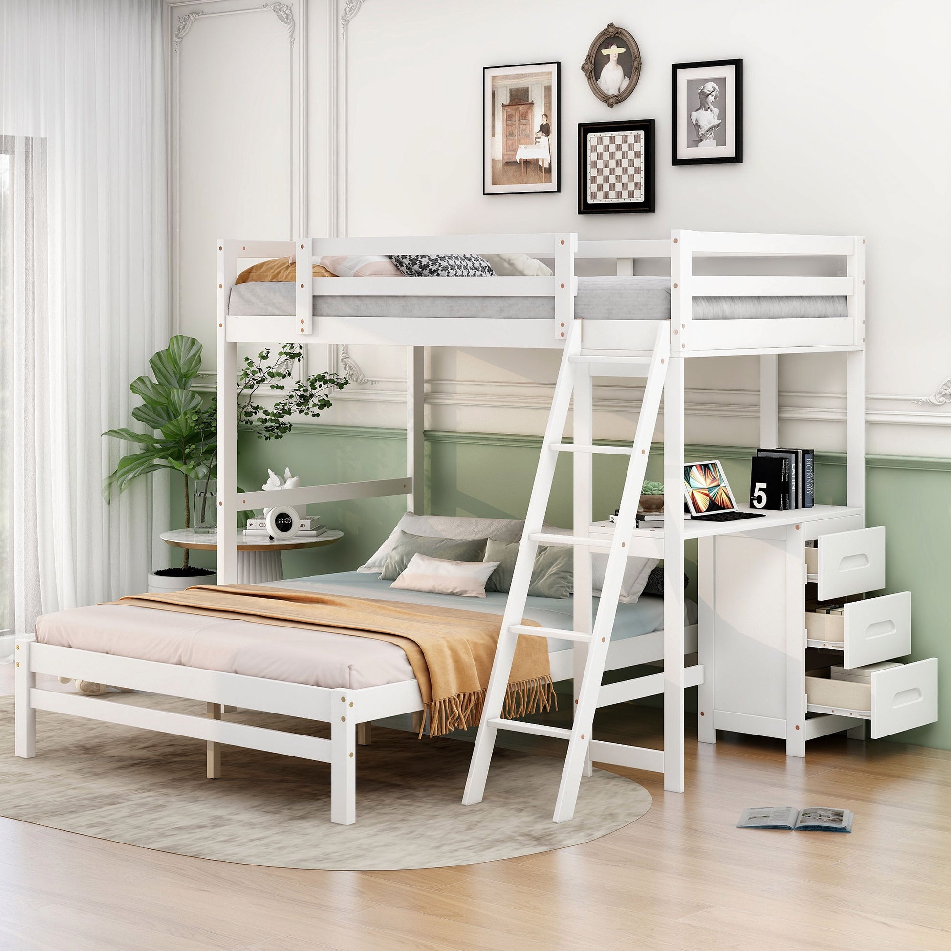 Bunk bed with built-in desk and 3 drawers, white wood frame, HouseOfZazla bunk beds, ladder on Tampa Home & Garden Store