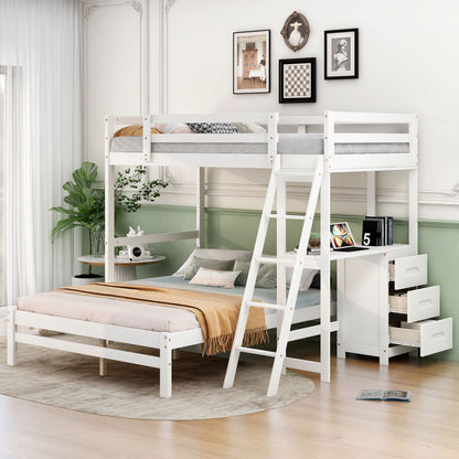 Bunk bed with built-in desk and 3 drawers, white wood frame, HouseOfZazla bunk beds, ladder on Tampa Home & Garden Store