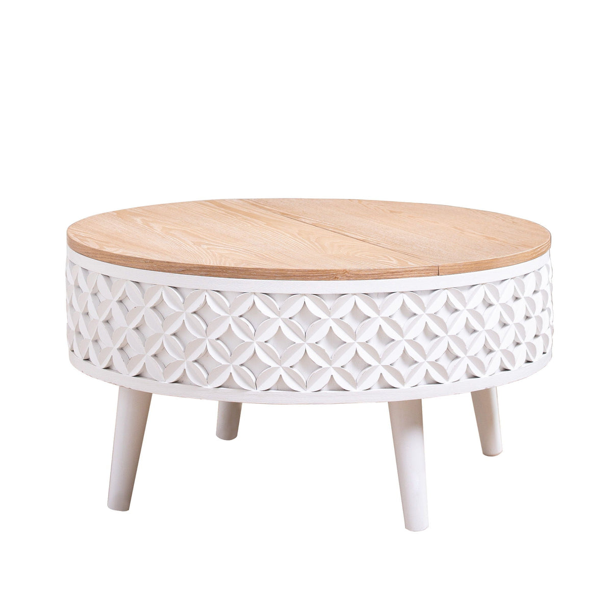 Round coffee table with storage, white base and light oak top, features a geometric lattice base on Tampa Home & Garden Store