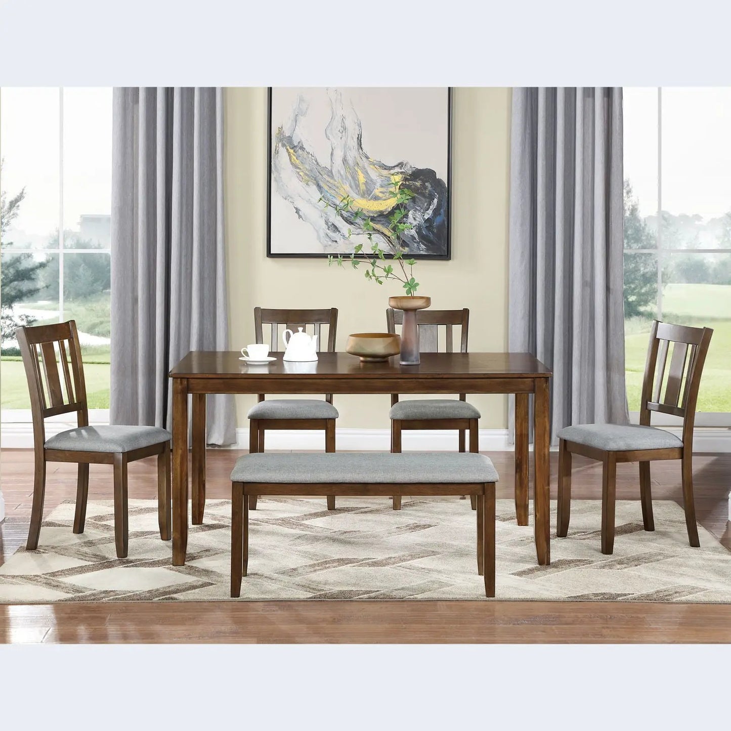 6-piece dining set: rectangular dark wood table with upholstered gray chairs and bench on Tampa Home & Garden Store