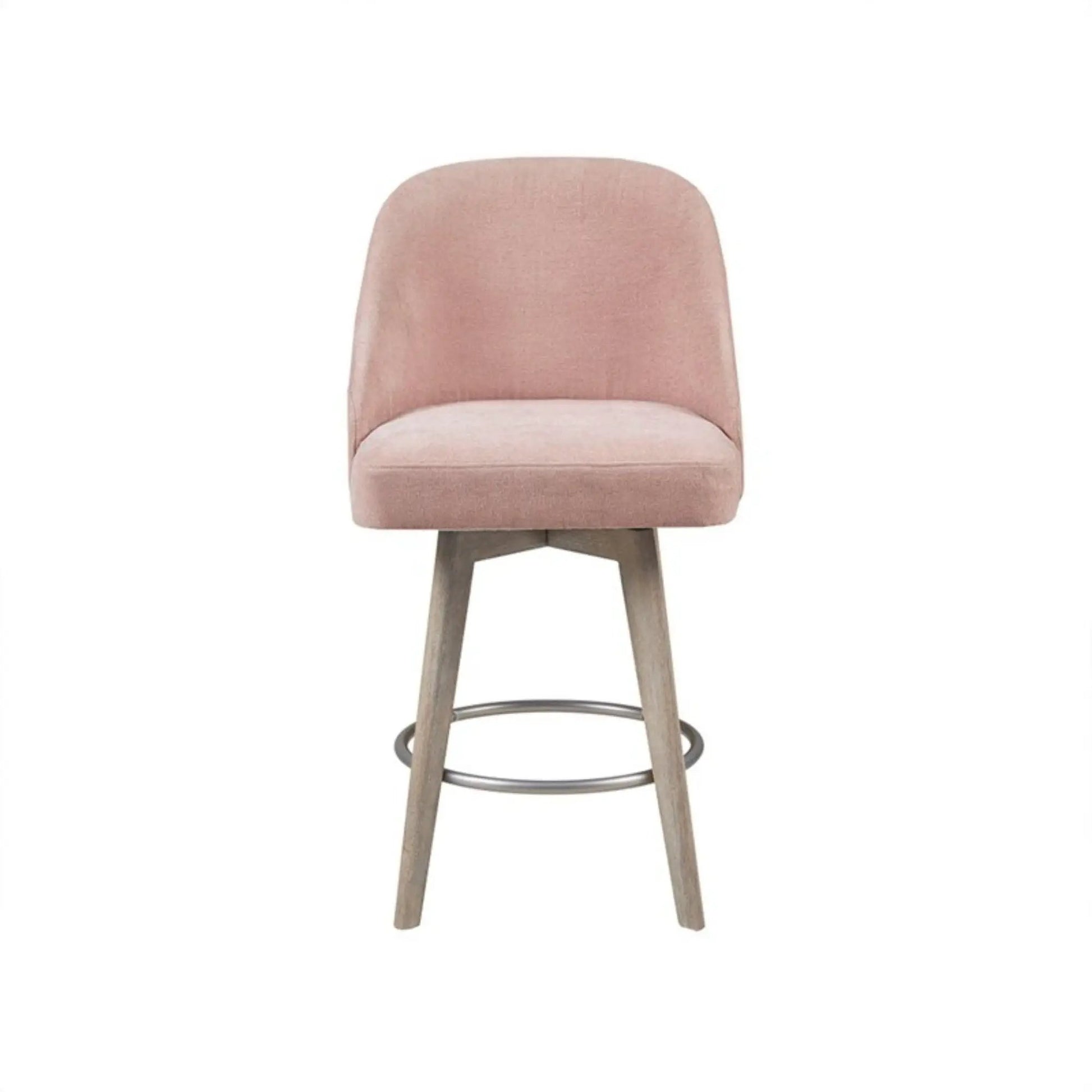 Pearce bar stool with swivel seat in blush pink velvet upholstery and wood legs on Tampa Home & Garden Store