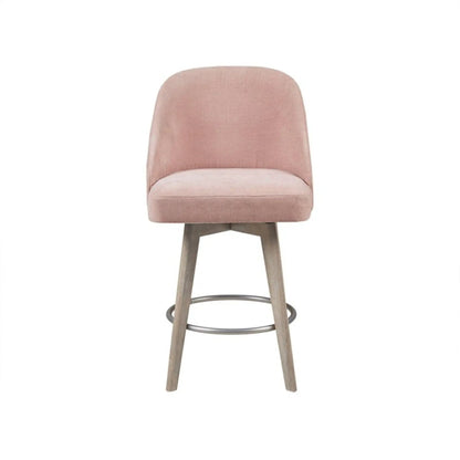 Pearce bar stool with swivel seat in blush pink velvet upholstery and wood legs on Tampa Home & Garden Store