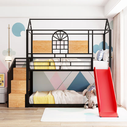 Metal House Bunk Bed With Slide and Storage