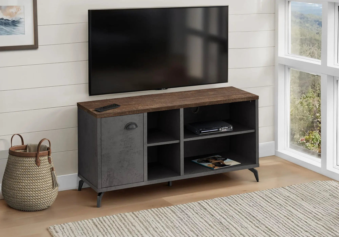 TV stand console by Unique Piece Furniture with dark gray cabinet and warm wood top, open cubbies on Tampa Home & Garden Store