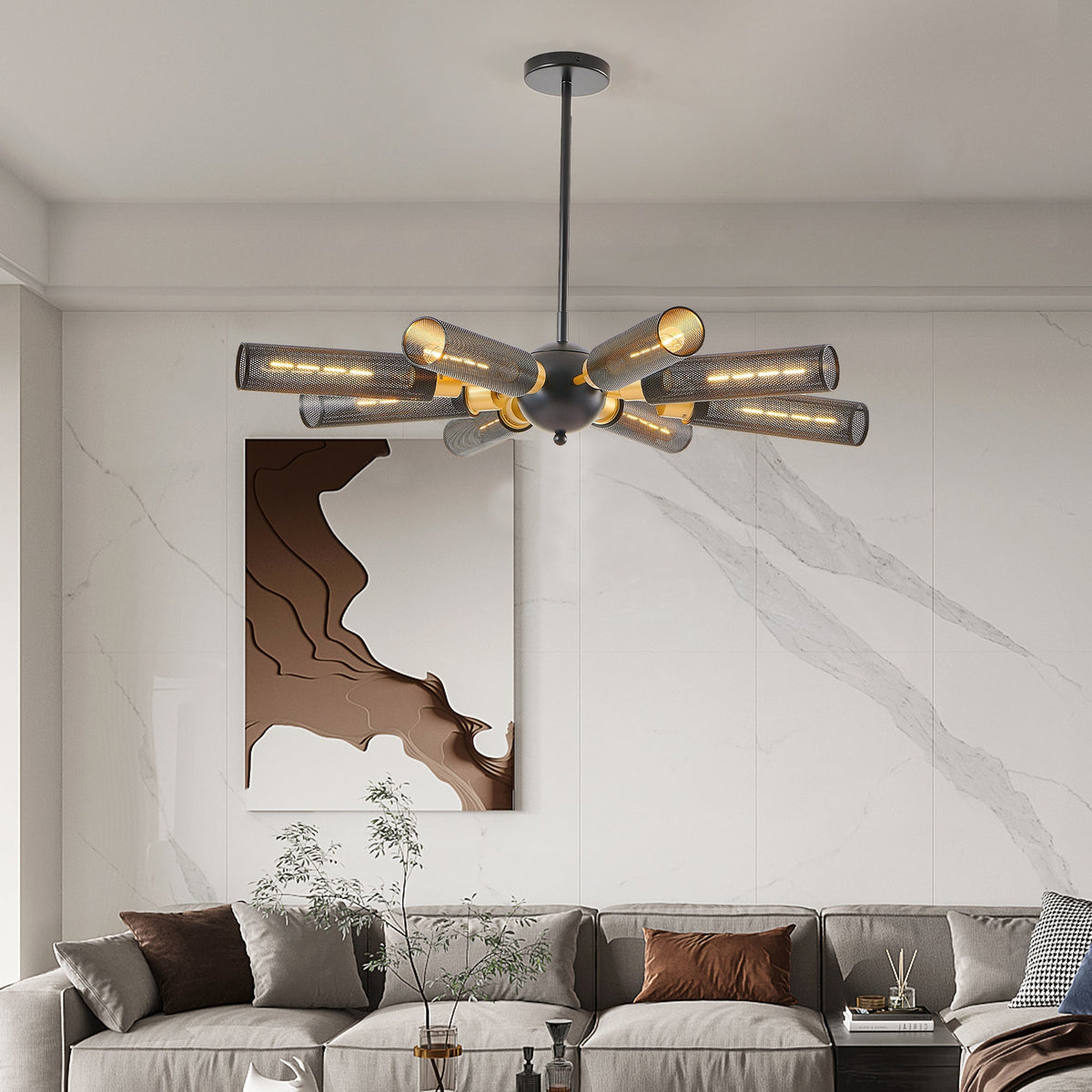 34' Modern Industrial Sputnik 8-Light Chandelier with black finish and perforated metal tubes on Tampa Home & Garden Store