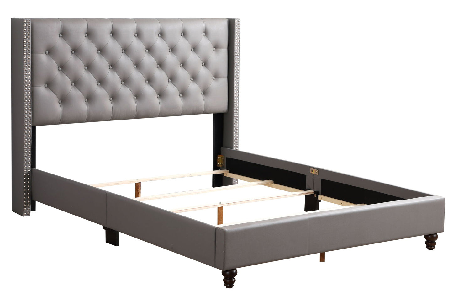 Nailhead Bed Transitional Vibrant upholstered bed with tufted gray headboard and studded trim on Tampa Home & Garden Store
